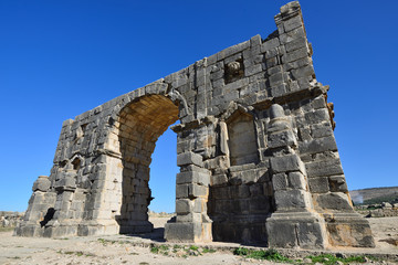 Extensive complex of ruins of the Roman city Volubilis - of ancient capital city of Mauritania in the central part of Morocco by the Meknes city.
