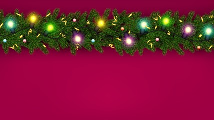 Christmas and New Year banner of realistic branches of Christmas tree, garland