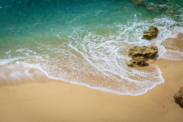 View of beautiful Marinha beach with crystal clear turquoise water near Carvoeiro town, Algarve region, Portugal