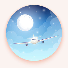 Airplane on blue background with moon and stars. A flying plane in night sky. Landing illustration. Travel by airplane, private airlines and transportation