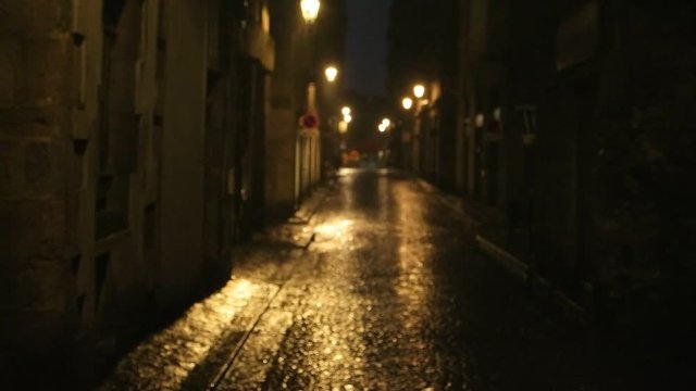 Streets of the evening city in the rain, Saint-Malo, France