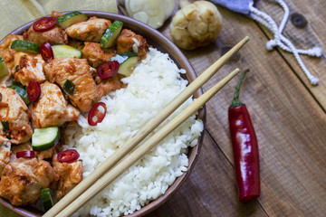 appetizing spicy dish from Sichuan cuisine kung-pao-chicken from above