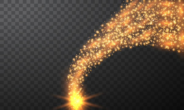 Burning fire on a transparent background. Neon blue and yellow star, glittering shine and bokeh lights. Flying kamet. Glowing light particles with a flash effect.