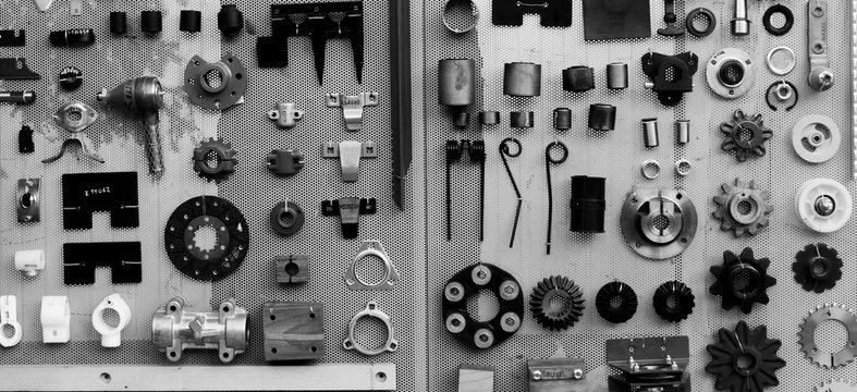 set of spare parts for agricultural machines black and white