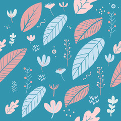 Flowers and leaves in spring pastel colors.