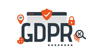 General Data Protection Regulation. Digital and internet symbols in front of DSGVO letters. GDPR, RGPD, DSGVO. Concept vector illustration. Flat style. Horizontal