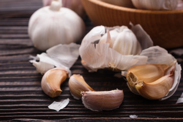 fragrant garlic on a wooden rustic background