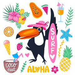 Vector summer set wit toucan surfer, tropical leaves © yana2607