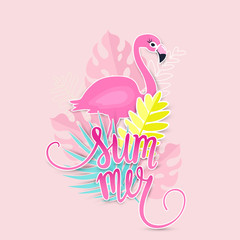 Tropical summer illustration with pink flamingo.