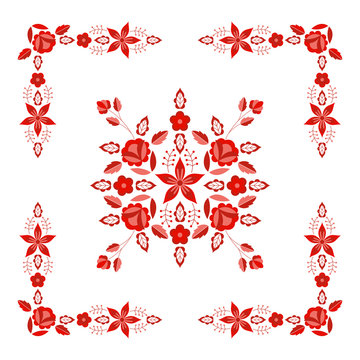 Polish folk pattern vector. Floral ethnic ornament. Slavic eastern european print. Red border flower design for gypsy scarf embroidery, boho blanket, bohemian interior textile, mexican tablecloth.