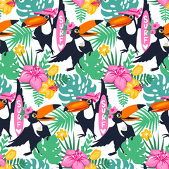 Vector cartoon tropical seamless pattern with toucan, jungle flo