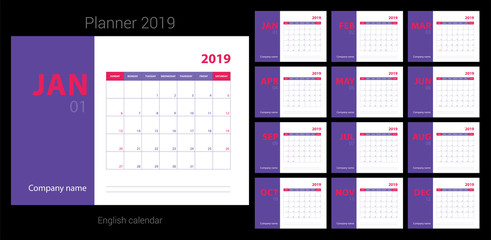 2019 calendar planning. English planner. Сolor vector template. Week starts on Sunday