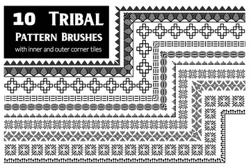 Tribal, ethnic vector pattern brushes with inner and outer corner tiles. Perfect for creating design elements, geometric ornament, frames, borders and more. All used brushes included in brush palette.