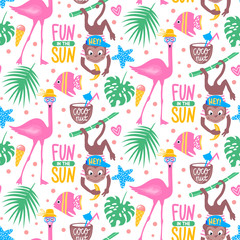 Vector cartoon seamless pattern with pink flamingo, tropical lea