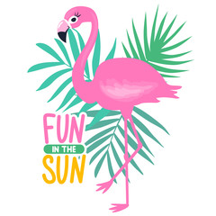Vector Pink flamingo and palm leaves. Summer illustration.