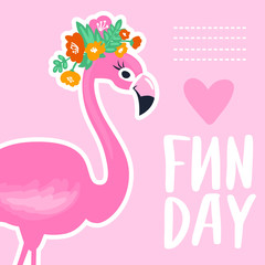 Vector summer card with funny pink flamingo. Tropical illustrati