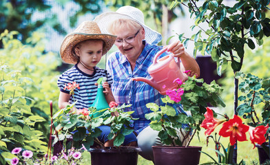 Gardening with kids. Senior woman and her grandchild working in the garden with a plants. Hobbies and leisure, lifestyle, family life