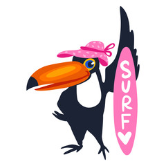 Vector toucan with surf. Funny summer illustration. Cartoon exot © yana2607