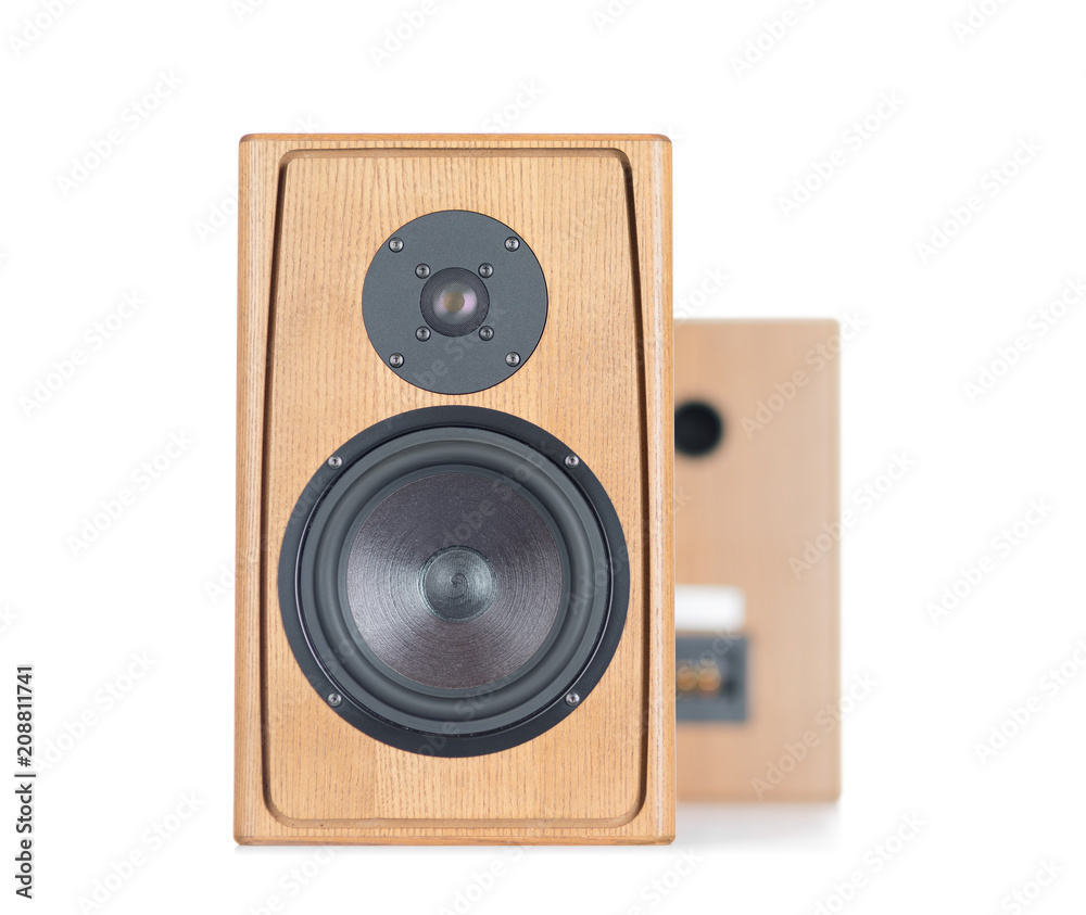 Wall mural two wooden speakers, isolated on white background.