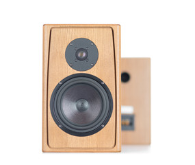 Two wooden speakers, isolated on white background. 