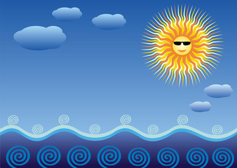 Fototapeta na wymiar The sea and the sun. Cartoon stylized landscape. Can be used as a backing for a business card or a flyer. Vector picture.