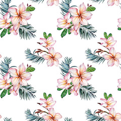 Exotic plumeria flowers and palm leaves on white background. Seamless tropical pattern. Watercolor painting. Hand painted floral illustration.