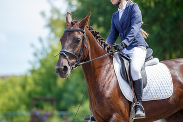 Jong meisje rijdt paard op hippische competitie. Paardensport dressuur sport achtergrond met kopie ruimte