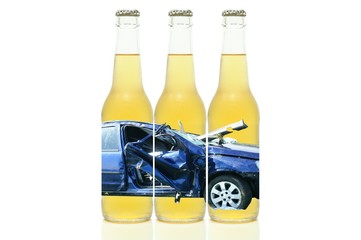 Three beer bottles with crashed car as the label