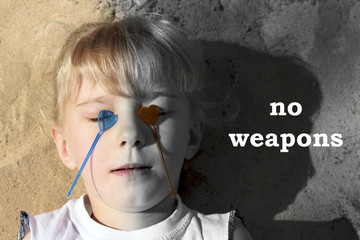 Little girl with hearts on eyes. The photo is divided into two halves with or without an inscription. No weapons