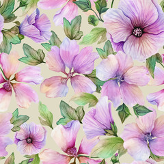 Beautiful lavatera flowers with green leaves on light beige background. Seamless floral pattern. Watercolor painting. Hand painted illustration.