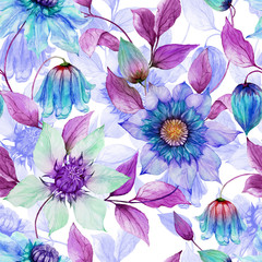 Transparent purple clematis flowers on climbing twigs against white background. Seamless spring floral pattern. Watercolor painting. Hand painted illustration.