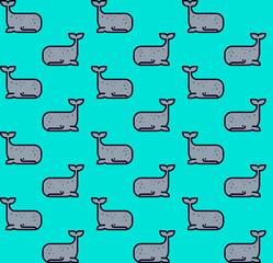 Obraz premium Gray cachalot seamless pattern. Small baby whales on azure background. Linear graphic. Pattern for textile or wrapping paper.