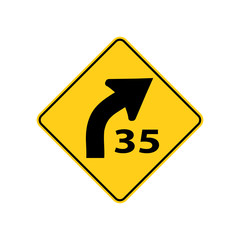 USA traffic road signs. right curve ahead,advisory to reduce speed to 35 mph in ideal driving condition. vector illustration