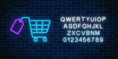 Glowing neon supermarket shopping cart with tag sign and alphabet. Neon light effects store basket. © generationclash