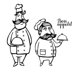 Hand drawn vector illustration of chief-cooker with a mustache in a white dress with a dish. chief-cooker logo.