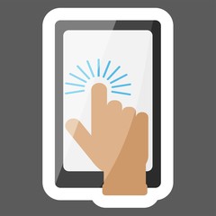 The hand clicks on the button on smartphone. Vector icon colored sticker. Layers grouped for easy editing illustration.  For your design.