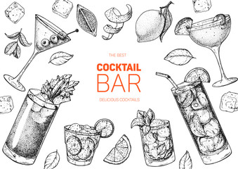 Alcoholic cocktails hand drawn vector illustration. Cocktails sketch set. Engraved style. - obrazy, fototapety, plakaty