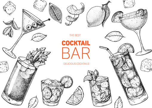 Naklejki Alcoholic cocktails hand drawn vector illustration. Cocktails sketch set. Engraved style.