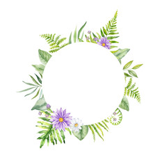 Watercolor hand painted frame with green leaves and wild flowers. Frame for wedding invitations, save the .date or greeting cards.