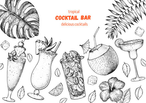 Alcoholic cocktails hand drawn vector illustration. Cocktails sketch set. Engraved style. Tropical collection. Singapore sling, pina colada, mojito, coconut cocktail, margarita.