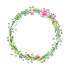 Watercolor hand painted round wreath with flowers and leaves. Frame for wedding invitations, save the date or greeting cards..