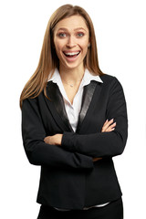 Wow! Shock! Amazed young business woman in black suit. Isolated on white.