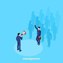 a man in a business suit with a loudspeaker and a man coming out of the crowd, an isometric image