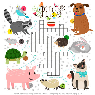 Kids crosswords with pets. Children crossing word search puzzle with pats animals like cat and dog, turtle and hare