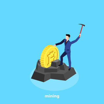 a man in a business suit with a pick in his hand extracts bitcoin from a rock, isometric image