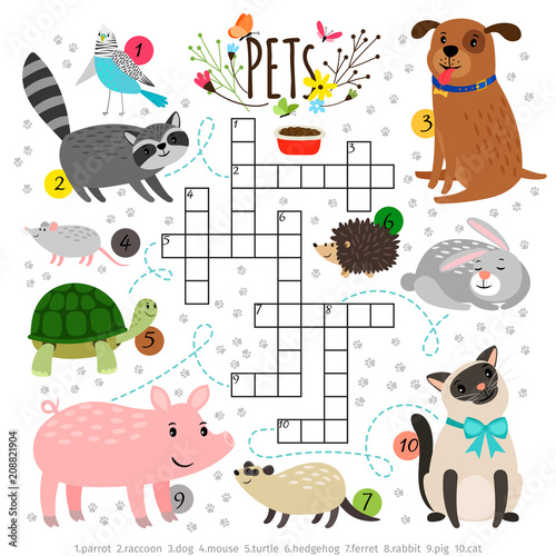 "Kids crosswords with pets. Children crossing word search puzzle with