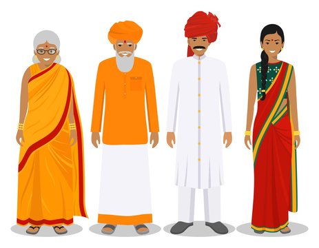 Family and social concept. Indian person generations at different ages. Set of adult people in traditional national clothes: father, mother, grandmother, grandfather standing together. Vector.