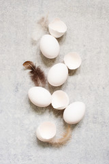 Fototapeta na wymiar Composition of white fresh eggs and feathers