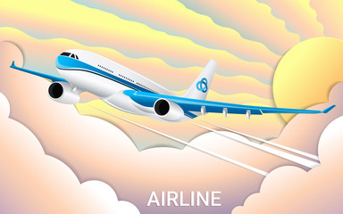 The flight of a passenger airplane. Colorful sky and clouds. Cut out paper. Fashionable color gradients. Travel, tourism and business. Template for printing.