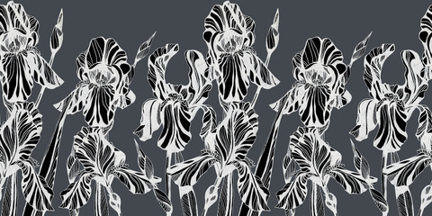 Iris flowers seamless pattern. Hand drawn ink illustration. Wallpaper or fabric design.